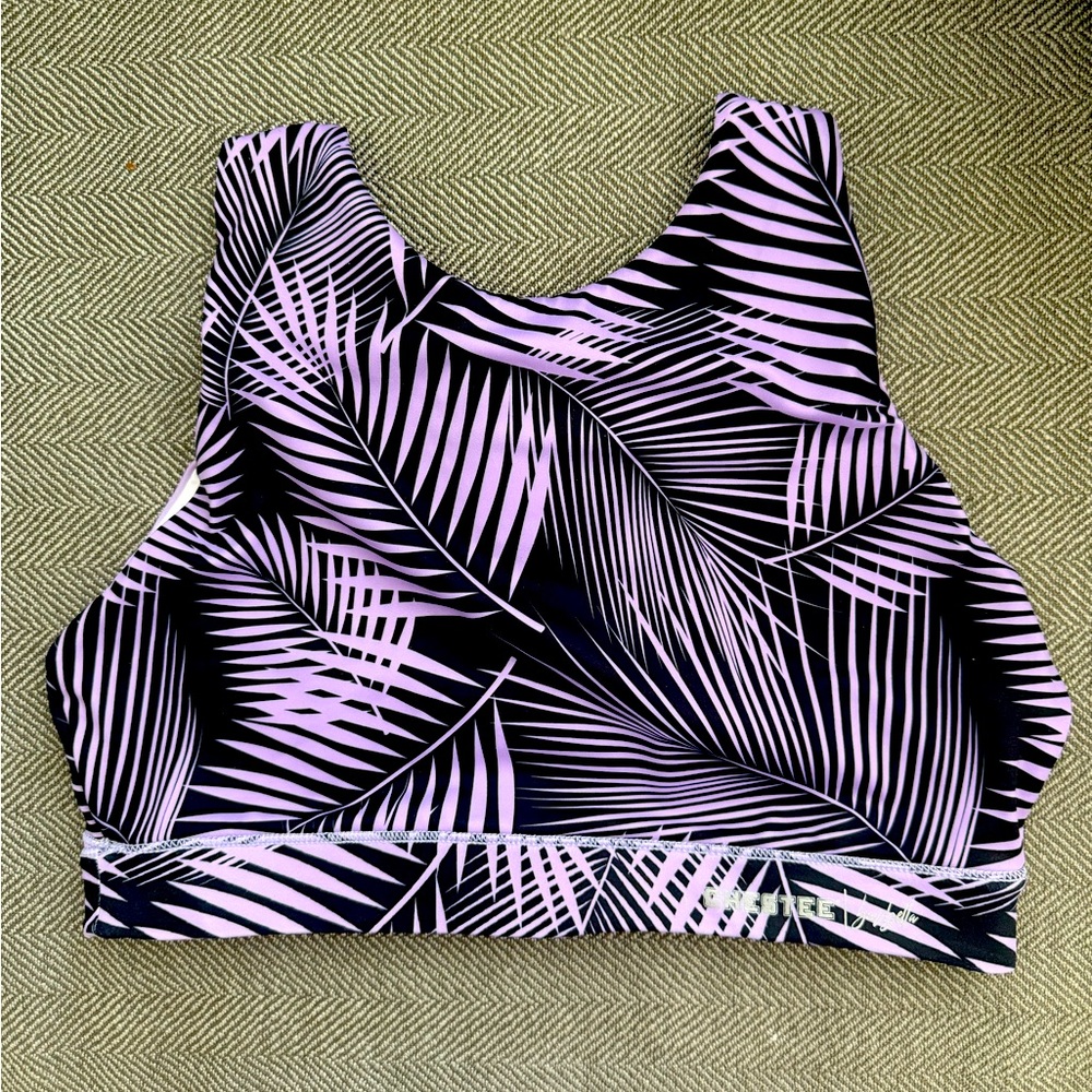 Chestee 2 in 1 Reversible Sports Bra Purple Black Palm Leaf Print
